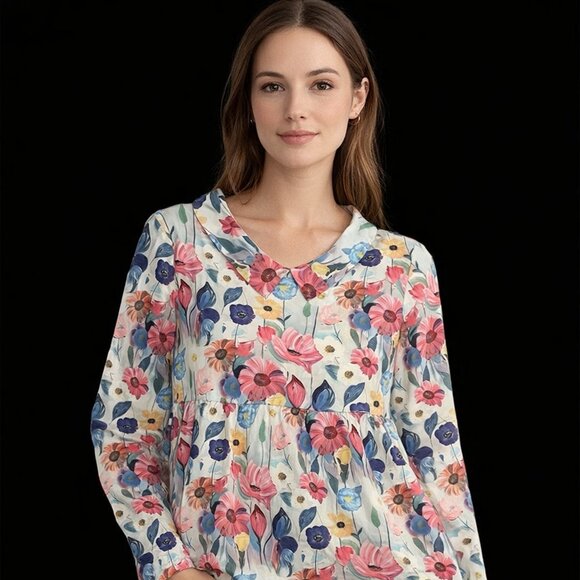 None Tops - Floral Long Sleeve Blouse